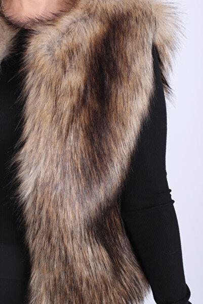 armonika Women's Beige Lined Faux Fur Vest Arm-26K001062