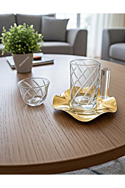 DECOSTYLE 18 Piece Modern Glass Tea Set with Decorated Steel Plates |   Premium Presentation Set