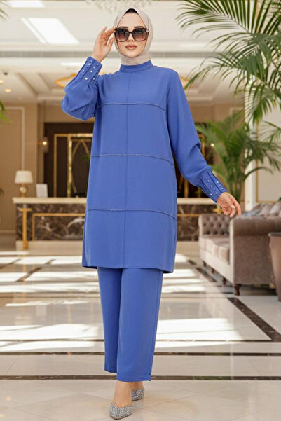 Neva Style Подвійний комплект хіджабу з вишивкою перлами Indigo Blue 65883IM