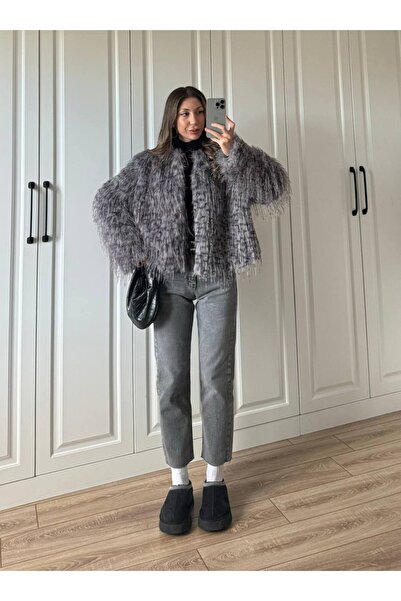 A&O Style Women's Oversized Patterned Extra Soft Textured Fur Coat