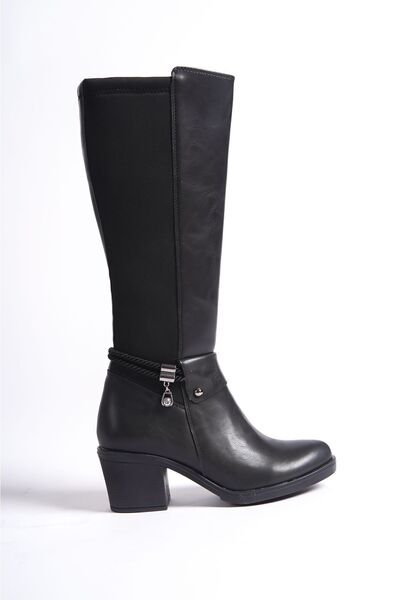 Limeo Černá kůže Look Back Stretch Flexibilní Silná přezka na středním vysokém podpatku Detailní dlouhé boty na zip