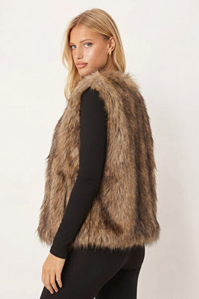 armonika Women's Beige Lined Faux Fur Vest Arm-26K001062
