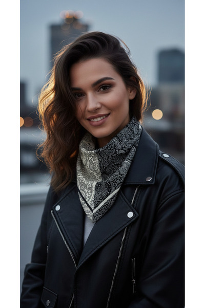 tuaipek Black And Cream Paisley Desen 55x55cm Bandana/Fular