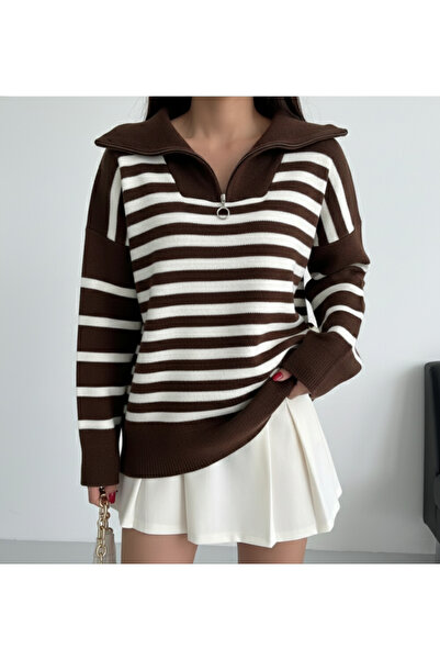 QETEENN Pulover supradimensionat cu dungi și guler cu fermoar