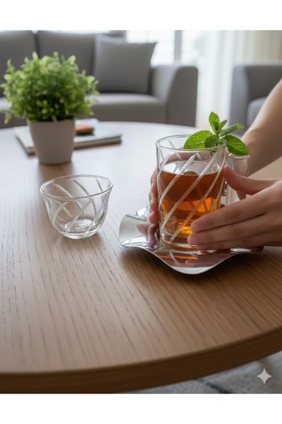 DECOSTYLE 18 Piece Modern Glass Tea Set with Decorated Steel Plates |   Premium Presentation Set