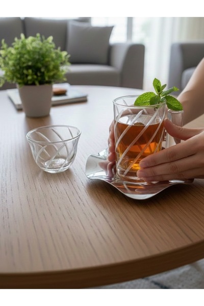 DECOSTYLE 18 Piece Modern Glass Tea Set with Decorated Steel Plates |   Premium Presentation Set