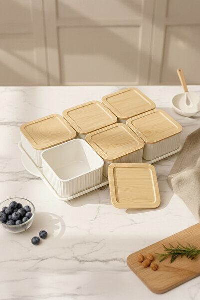 Kitchen Life Set de mic dejun din 7 piese din plastic dur cu aspect de bambus - bol pătrat pentru mic dejun, recipient de depozitare