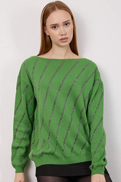 Moda Days Women's Sweater Oversized Wide Neckline Striped Knitwear Sweater