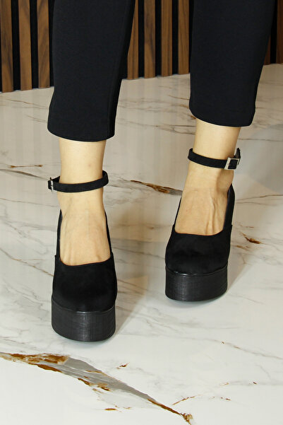 Erkan Saçmacı Tushar Black Suede Round Toe Strappy Hidden Wedge Heeled Casual Shoes