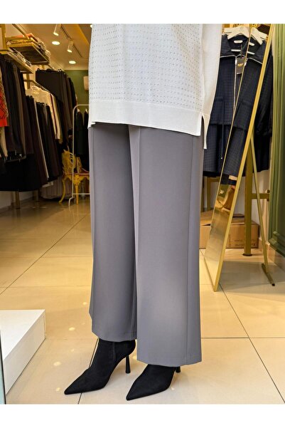 Sentez 5386-1 Short Wide-Leg Pants with Elastic Back Gray