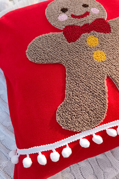 Sevim Husă pentru pernă cu pompon brodat cu tematică de Anul Nou - Cookie Man - 43x43 cm