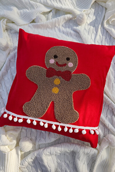 Sevim Husă pentru pernă cu pompon brodat cu tematică de Anul Nou - Cookie Man - 43x43 cm