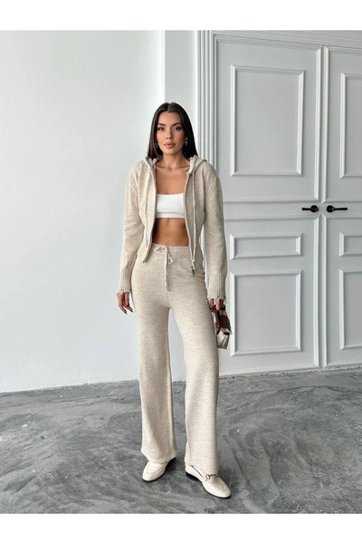 Diemmood Kadın Fermuarlı Triko Eşofman Takımı – Yüksek Bel, Geniş Paça, Rahat...