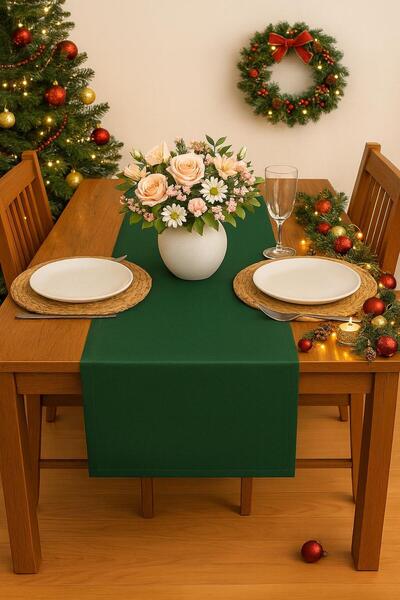 S&R Runner Leke Tutmaz Keten Masa Örtüsü 45x160 cm Yeşil