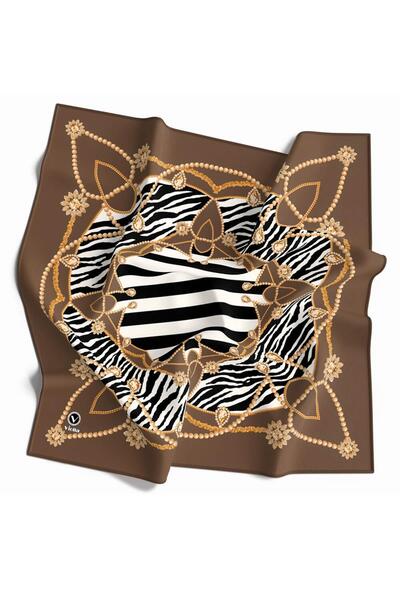 VİOLLA Twill Gold Detaylı Zebra Desenli Vizon Renkli 90x90 Eşarp (İpek İçerme...