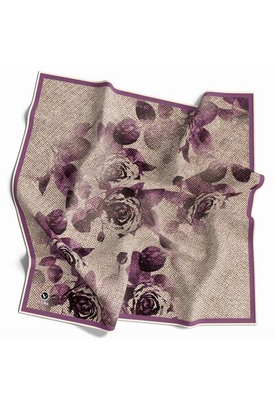 VİOLLA Twill Gül Desenli Mürdüm Renkli 90x90 Eşarp (İpek İçermez) Kenar Dikiş...
