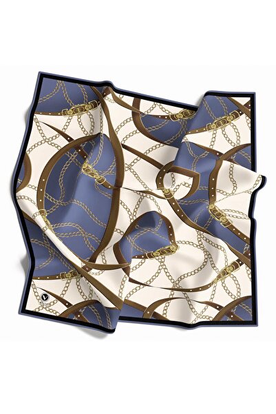 VİOLLA Twill Kemer ve Zincir Desenli İndigo Renkli 90x90 Eşarp (İpek İçermez)...