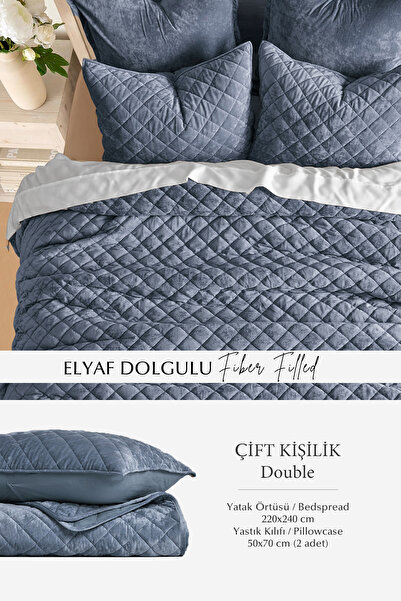 Evlen Home Collection Double Velvet Bed Cover Set - Supersoft Quilted, 3 Pieces, Soft Fiber Filled Gray