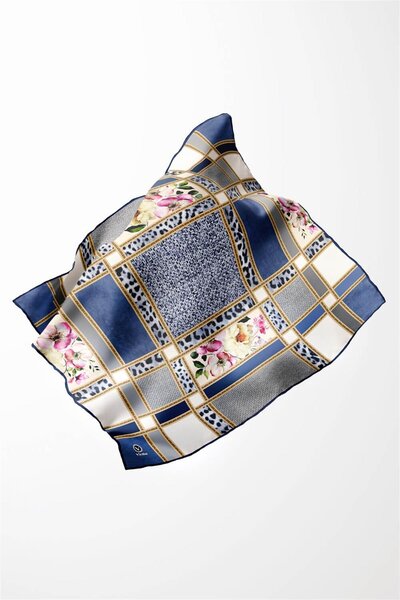 VİOLLA Twill Leopar ve Çiçek Desenli İndigo - Gri Renkli 90x90 Eşarp (İpek İç...