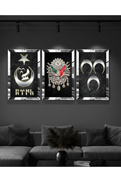 Zevahir Mobilya Dekorasyon Gümüş Aynalı Pleksi Çerçeveli Osmanlı Tuğrası Ve Türklük Gümüş Üçlü Mdf Tablo Seti