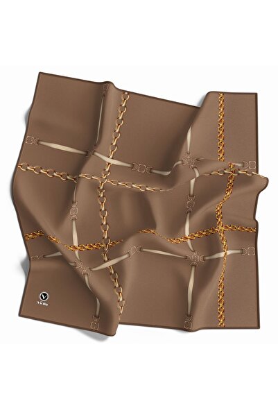 VİOLLA Twill Zincir ve Kemer Desenli Bej Renkli 90x90 Eşarp (İpek İçermez) Kenar Dikiş Şekli El Dikişli