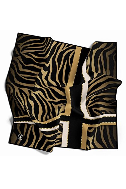 VİOLLA Twill Zebra Desenli Siyah - Gold Renkli 90x90 Eşarp (İpek İçermez) Dik...
