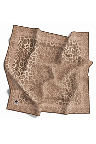 VİOLLA Twill Leopar Desenli Bej Renkli 90x90 Eşarp (İpek İçermez) Kenar Dikiş...