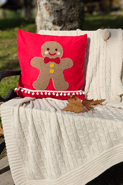 Sevim Husă pentru pernă cu pompon brodat cu tematică de Anul Nou - Cookie Man - 43x43 cm
