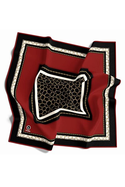 VİOLLA Twill Zincir Desenli Kırmızı Renkli 90x90 Eşarp (İpek İçermez) Kenar Dikiş Şekli El Dikişli
