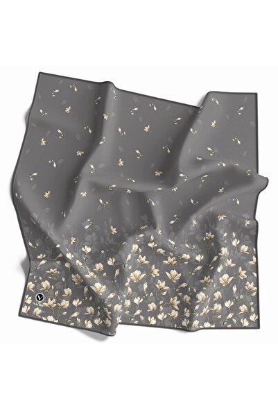 Vissona Twill Çıtır Çiçek Desenli Gri Renkli 90x90 Eşarp (İpek İçermez) Kenar...
