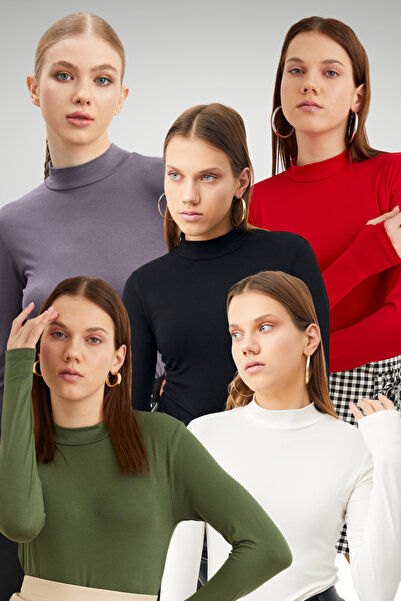 Bipantolon Kadın Siyah Beyaz Kırmızı Haki Gri 5'li Parmak Detaylı Body