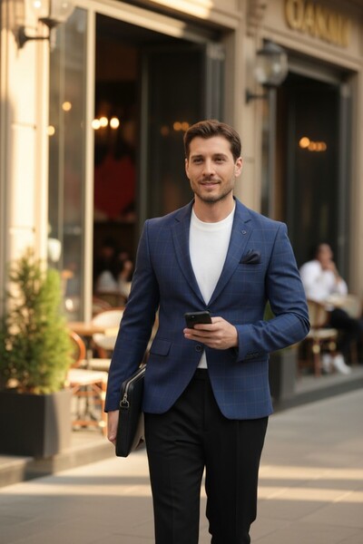 Frappoli Armando Чоловічий темно-синій-бежевий картатий блейзер зі звуженим кроєм та монокомір