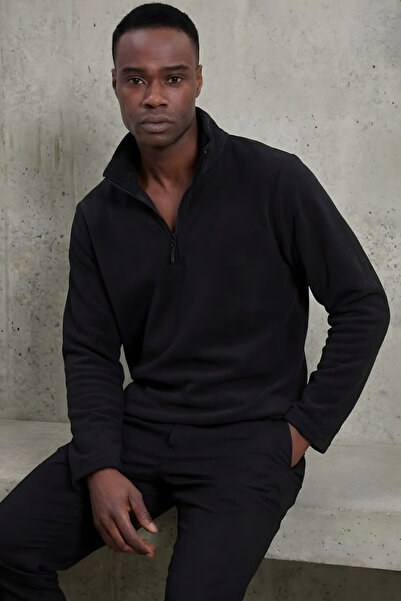 freemen Erkek Siyah Fit Dik Yaka Yarım Fermuarlı Sweatshirt Polar