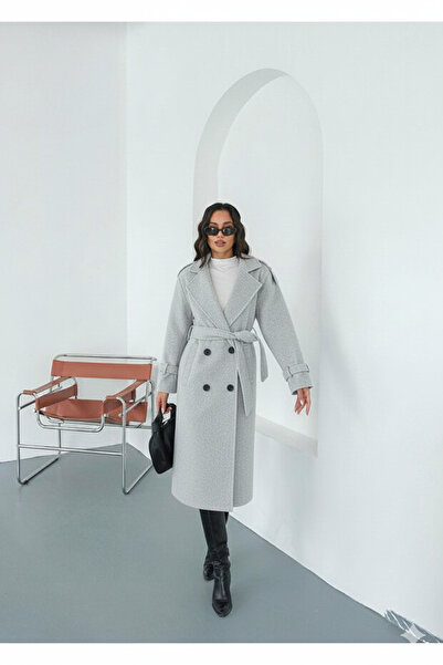 Behills Premium Women's Light Gray Cashmere Coat Long Winter Belted Stylish Overcoat Jacket Light Gray