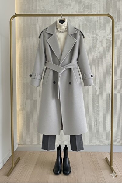 Behills Premium Women's Light Gray Cashmere Coat Long Winter Belted Stylish Overcoat Jacket Light Gray