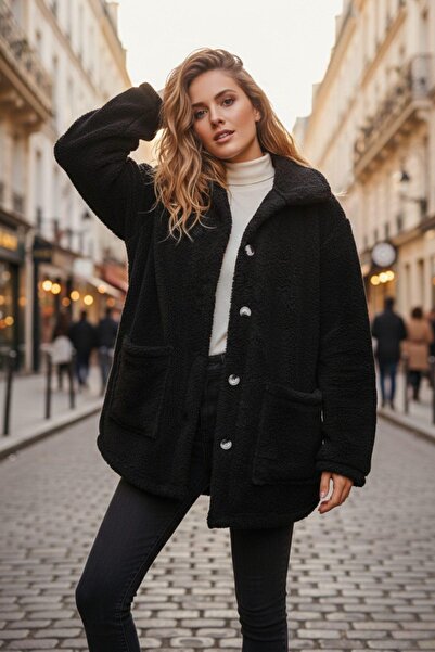 Mossta Soft Textured Plush Coat – Black