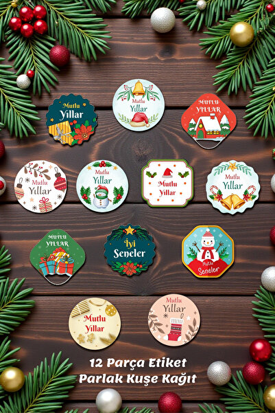 birikiyedi Yılbaşı Sticker, Mutlu Yıllar, İyi Seneler Seti, 12 Adet (1 sayfa)