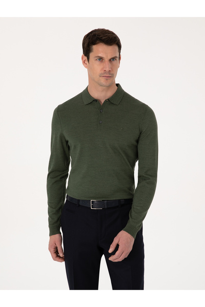 Cacharel Haki Slim Fit Yün Karışımlı Polo Yaka Basic Triko Kazak 50315267-VR027