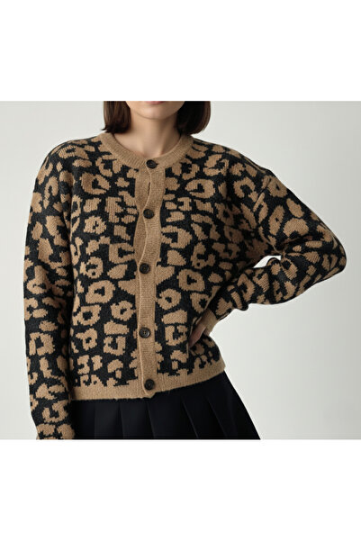 MODA Women's Leopard Patterned Short Knitwear Cardigan