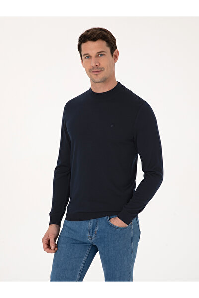 Cacharel Lacivert Slim Fit Yün Karışımlı Çeyrek Balıkçı Yaka Basic Triko Kazak 50318891-VR033