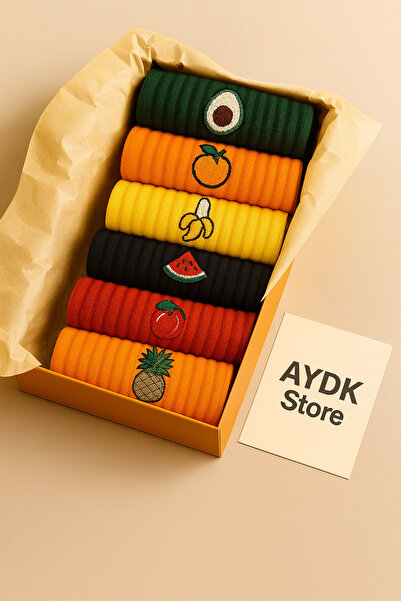 AYDK مجموعة جوارب فاخرة للجنسين مطرزة بالفواكه للرجال والنساء مكونة من 6 قطع - هدية صيفية وشتوية من القطن في صندوق خاص