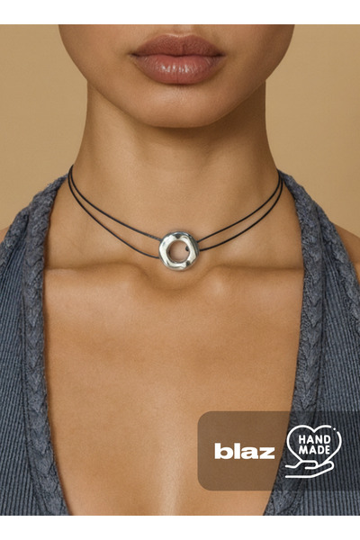 Handmade Halka Detaylı Siyah Suni Deri İpli Choker Kolye | Blaz Studio
