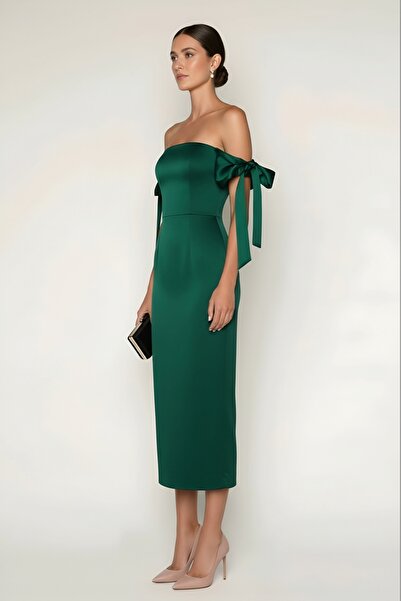 DADUCOLLECTİON فستان ميدي بتفاصيل فيونكة خضراء