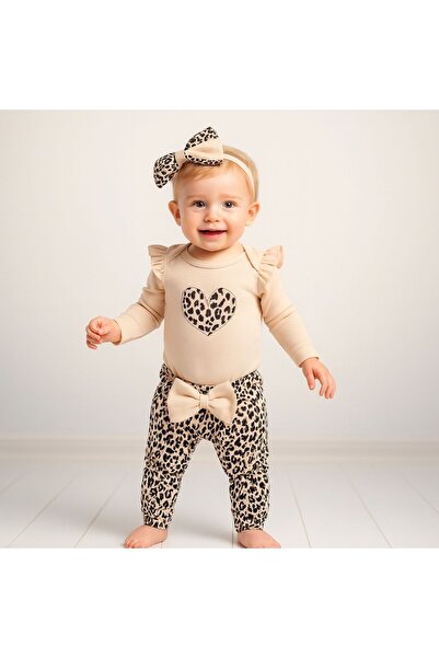 MixMax Bebe Baby Girl Leopard Bandana Bodysuit with Heart Ribbon Detail 3-Piece Baby Set