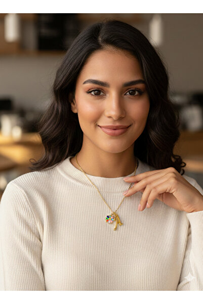 Store A Harf Kolye Çiçek Charmlı Harfli Kolye Çelik Zincirli