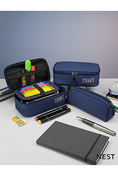Nest Kumaş Lacivert Kalemlik 2’ li Set Okul ve Ofis Kalem Kutusu Kırtasiye