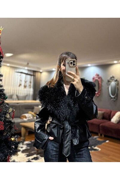 MODAGK جاكيت جلد بحزام وتفاصيل فرو - أسود