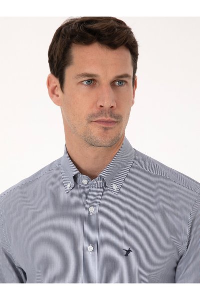 Cacharel Navy Blue Slim Fit 100% Cotton Collar Buttoned Striped Oxford Shirt 50317994-Vr033