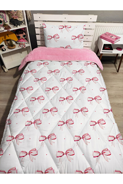 yok yok evim eve dair her şey Welsoft Double-Sided Single Person Stylish Ribbon Bow Butterfly Patterned Single Quilt Sleep Set