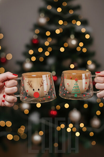 Caga Home Yılbaşı Temalı 2 ADET Çift Cidarlı Cam Kupa 210 ml Ev Ofis Fincanı Isı Yalıtımlı Kulplu Cam Bardak